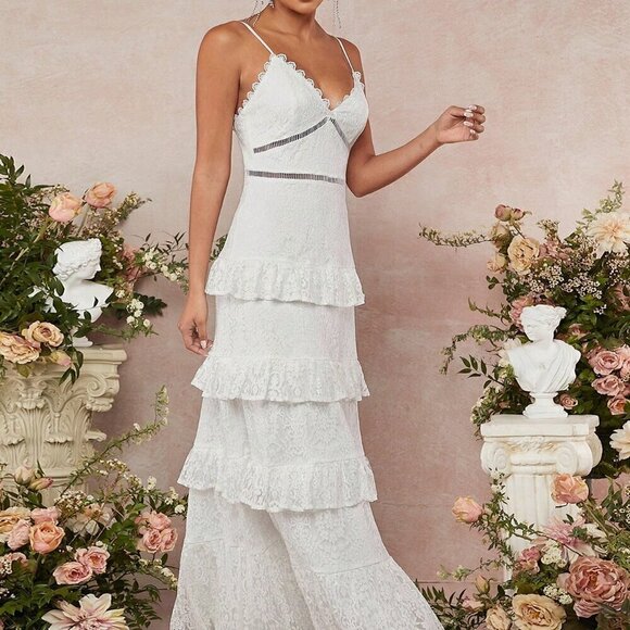 White Elegant Women's Tiered Ruffle Lace Cami Dress - Picture 5 of 5